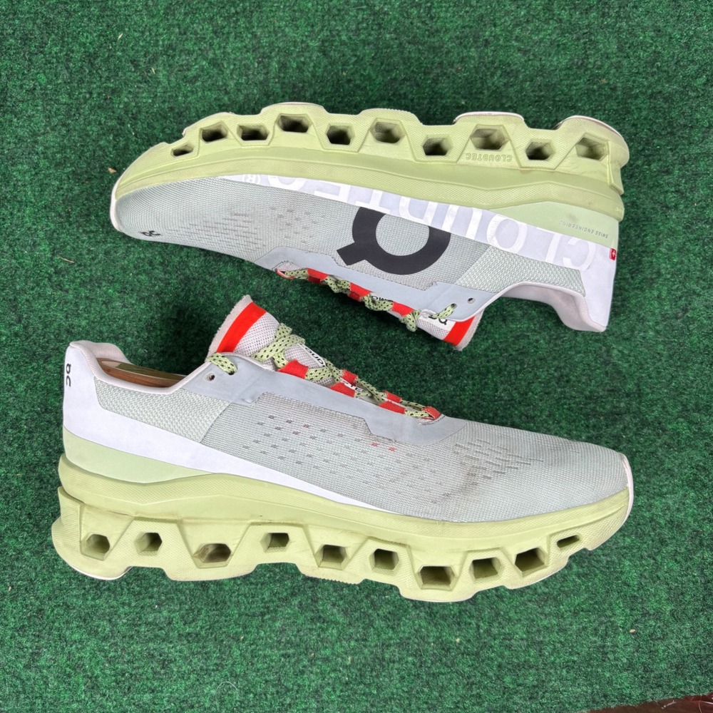 On Cloudmonster Womens 9.5 Running Shoes Grey Lime Green Orange 61.99022